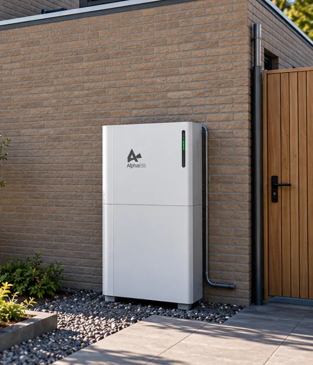 AlphaESS thuisbatterij gemonteerd tegen buitenmuur van rijtjeshuis