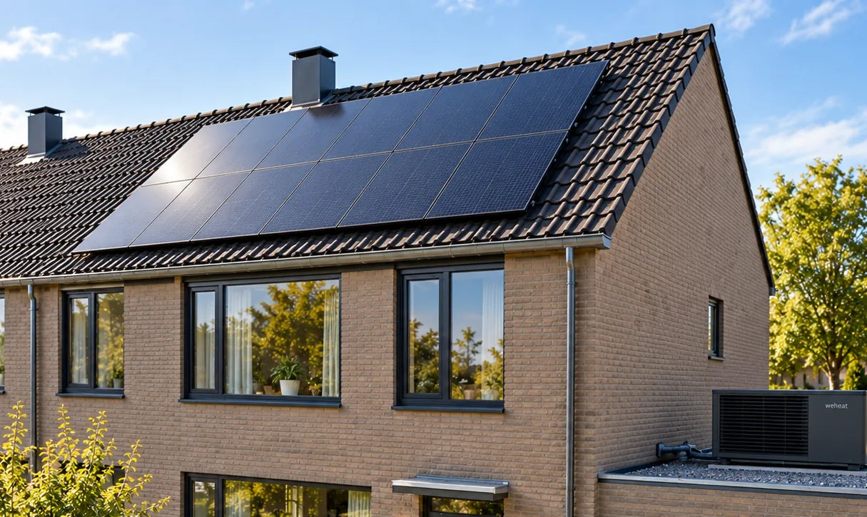 Zonnepanelen op het dak van dezelfde moderne rijtjeswoning
