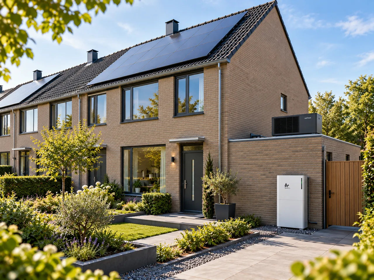 Hetzelfde rijtjeshuis vanuit een ander perspectief met zonnepanelen, thuisbatterij en warmtepomp